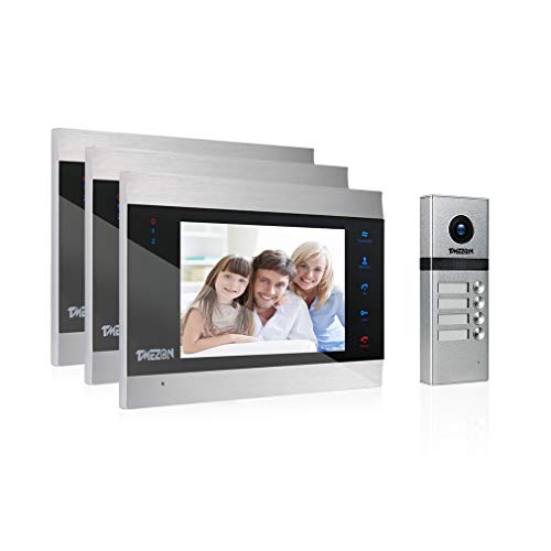 Immagine di Kit Videocitofono 4 Fili per plurifamiglia/Bifamiliare,TMEZON 3 * 7'' Monitor LCD touchscreen con Campanello 1200TVL cablato, Bidirezionale,Registrazione/Istantaneo, visione notturna, IP55