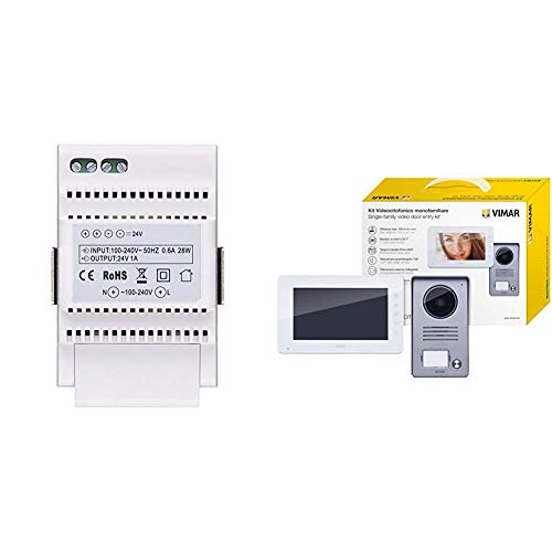 Immagine di Vimar 40103 Alimentatore per Videocitofono, Installazione su Guida DIN (60715 Th35), 3 Moduli, Bianco & K40910 Kit Videocitofono Monofamiliare da Parete, Grigio la Targa e Bianco Il Monitor