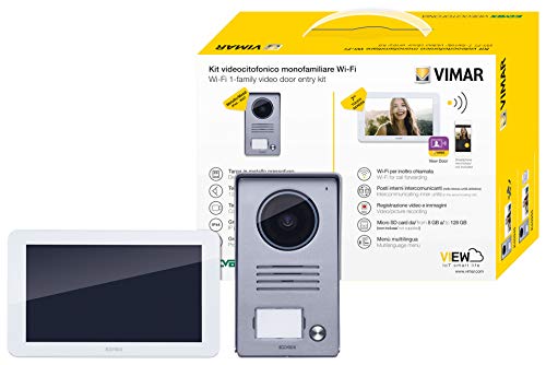 Immagine di Vimar K40945 Kit videocitofono smart monofamiliare con monitor touch screen vivavoce WiFi , targa audiovideo 1 pulsante con cornice parapioggia, 1 alimentatore multispina