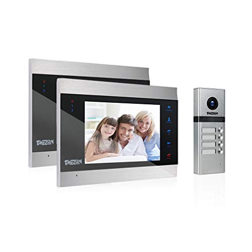 Immagine di Kit Videocitofono 4 Fili per plurifamiglia/Bifamiliare,TMEZON 2 * 7'' Monitor LCD touchscreen con Campanello 1200TVL cablato, Bidirezionale,Registrazione/Istantaneo, visione notturna, IP55