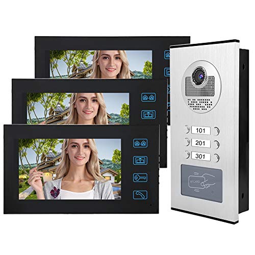 Immagine di Videocitofono da 7 pollici, videocitofono wireless videocitofono a 2 vie, campanello con videocamera impermeabile con 3 monitor, videocitofono con scheda RFID(EU110-240V)