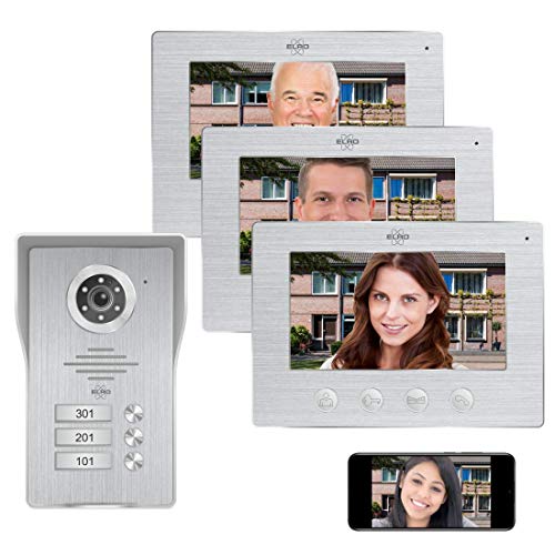 Immagine di Elro DV477IP3 Videocitofono IP Wifi - 3 famiglie - con schermo a colori 3x 7 pollici - Color Night Vision - visualizzazione dal vivo e comunicazione via app, alluminio spazzolato